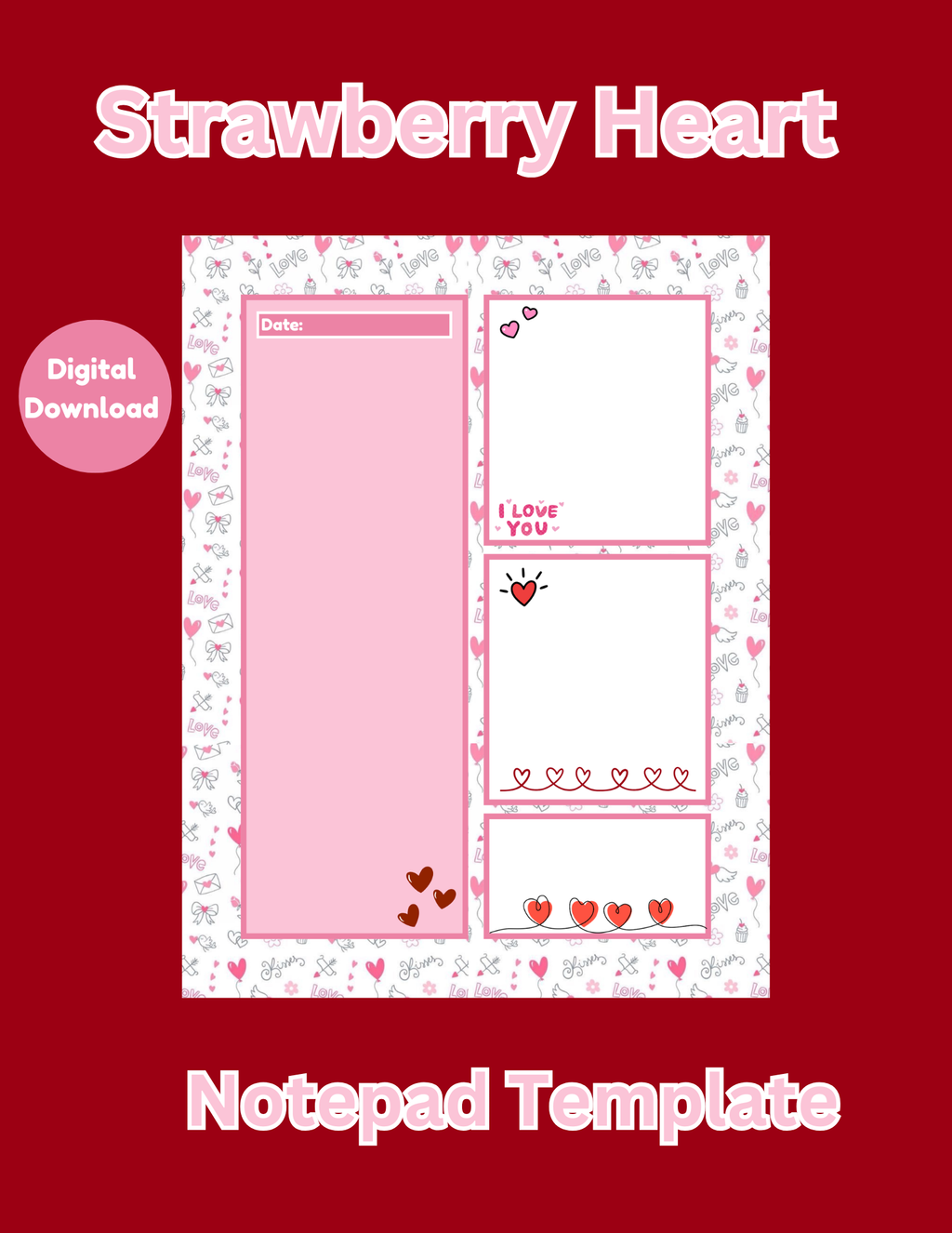Strawberry Heart NotePad Template